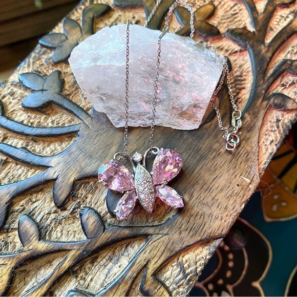 Butterfly Pink CZ Sterling Silver Necklace - Picture 1 of 9
